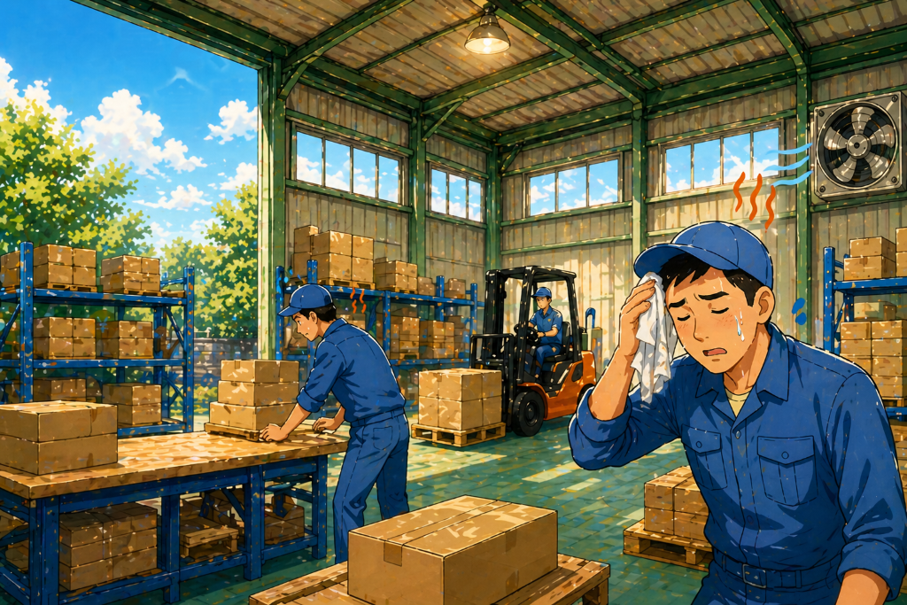 その暑さ、工場・倉庫の悩みになっていませんか？夏場の暑さ・空調費増加・熱中症リスク・屋根老朽化のイラスト