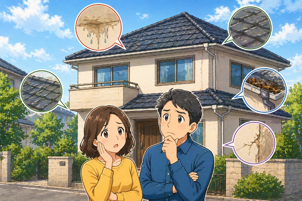 そのお住まいの悩み、放置していませんか？雨漏り・屋根老朽化・雨樋不具合・外壁ひび割れのイラスト